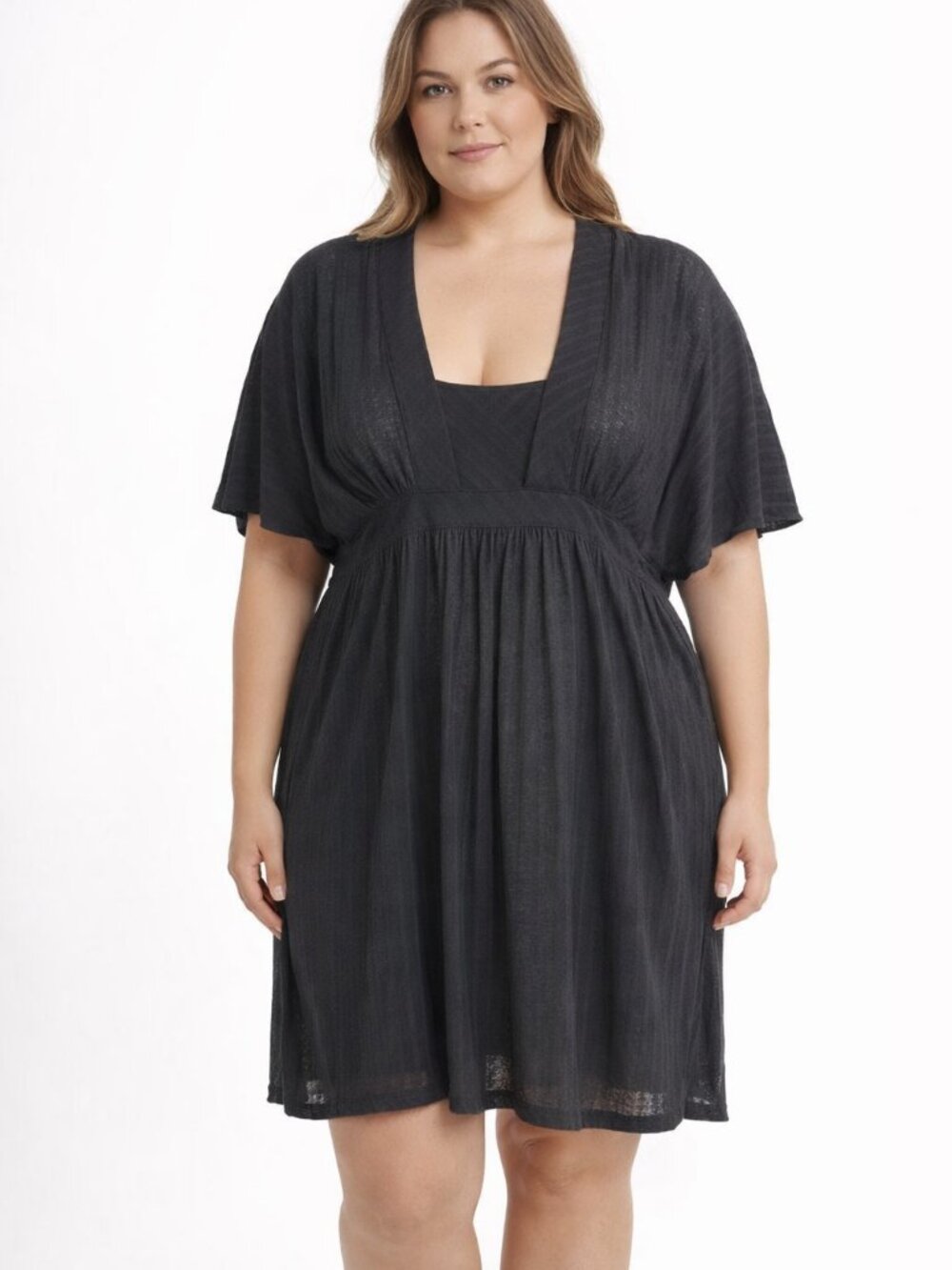 Portocruz Black Knit V-Neck Women’s Swim Coverup with Gathered Waist